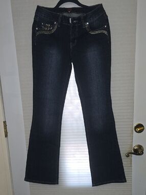 2B Bebe Dark Blue Flare Jeans with Studded Pocket Detail